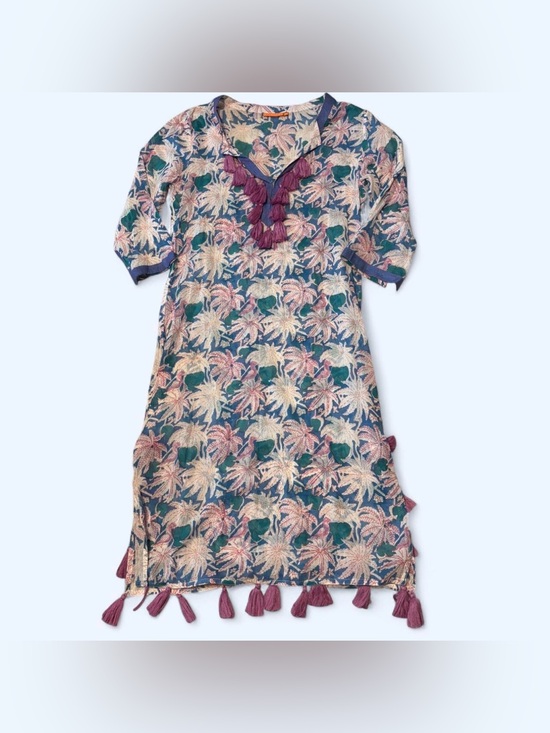 Oliphant Dresses & Skirts - Oliphant Midi Kaftan Dress Sz Medium Cotton Voile Tassels Floral Resort Wear